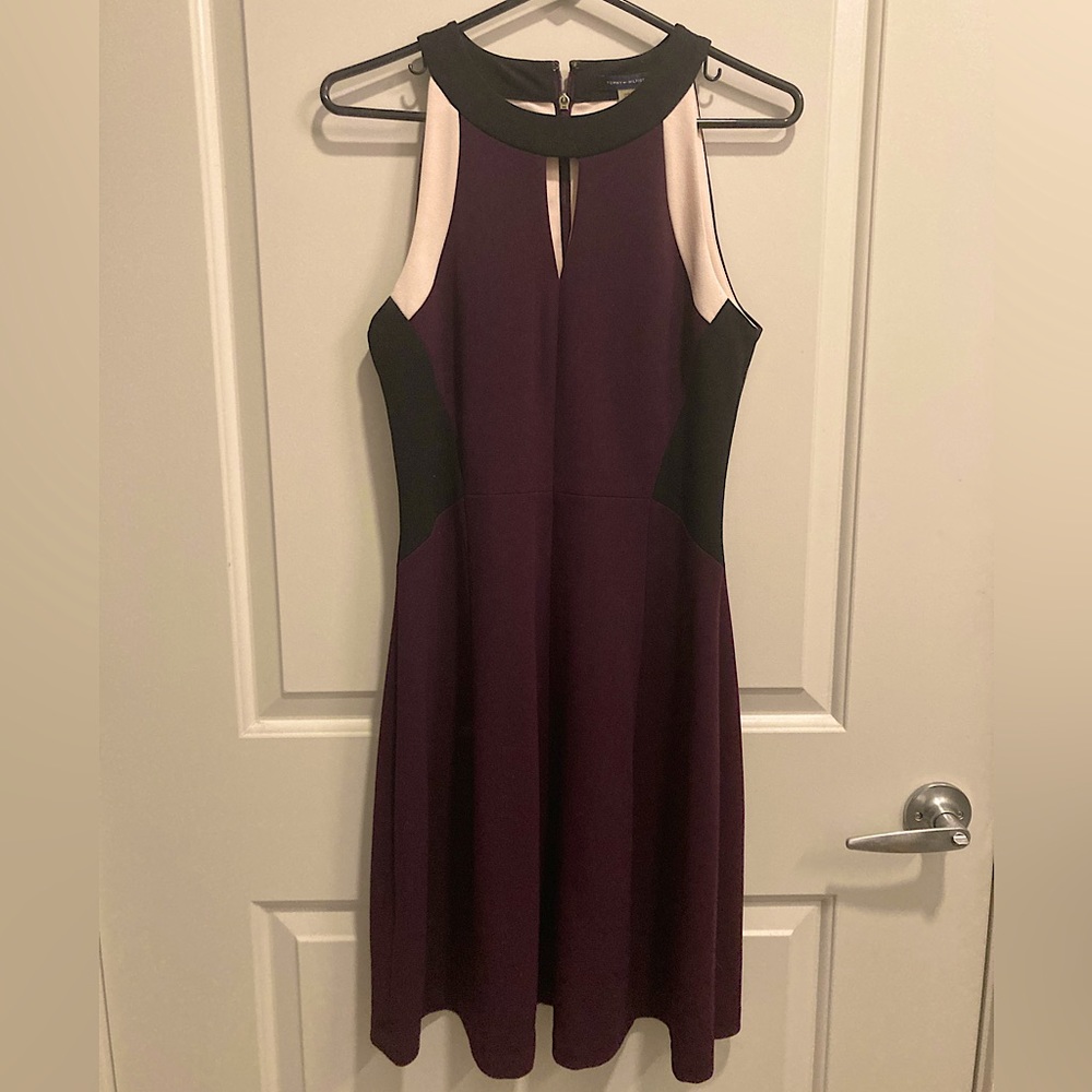 Tommy Hilfiger a-line style midi. Plum with gold zipper back. Size 6